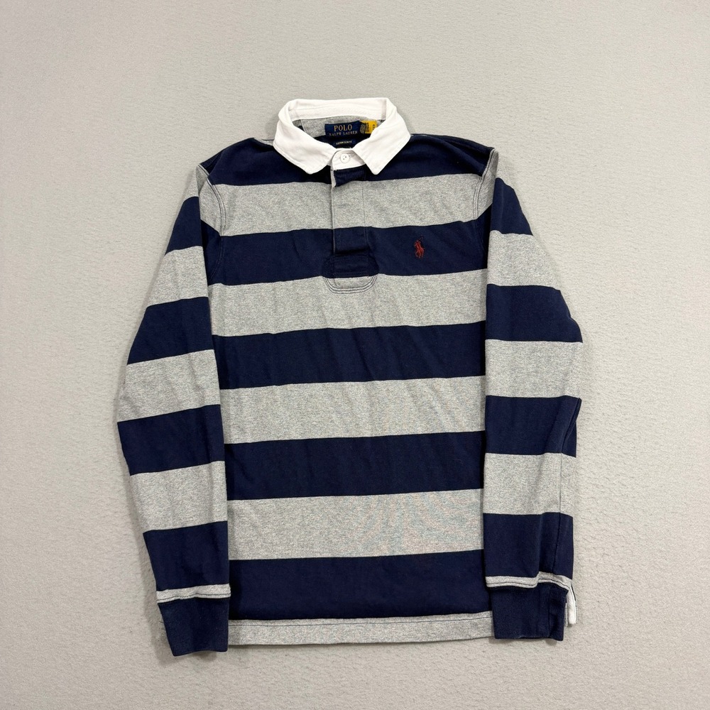 Polo Ralph Lauren Rugby Shirt Mens Medium Blue Grey Striped Long Sleeve Slim Fit